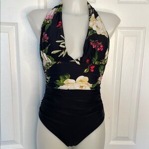 CUPSHE MULTI COLOR FLORAL HALTER PLUNGE ONE PIECE TUMMY CONTROL SWIMSUIT SIZE S